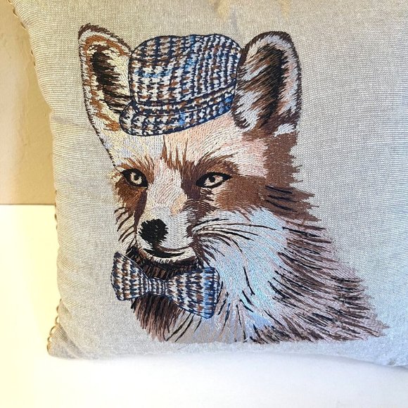 Pier 1 Accent Toss Pillow Embroidered Fox with Hat & Bowtie Neat Retro Art Rare - Picture 2 of 10